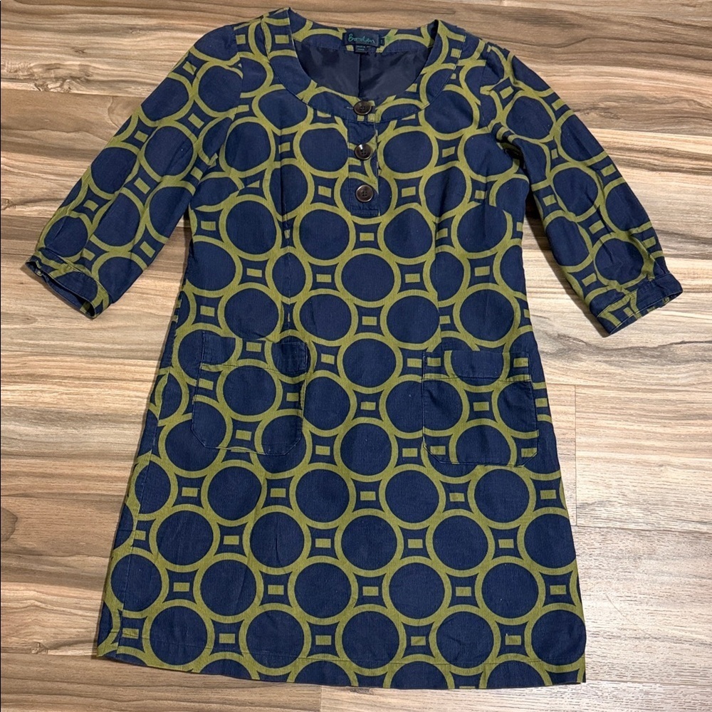 Boden Dress Womens 14 Navy Green Corduroy Geometric Retro 60s Style Disco